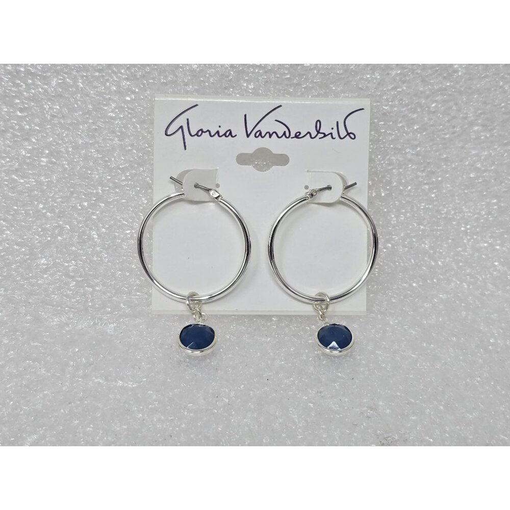 Gloria Vanderbilt Silver Tone Hoop Earrings With Blue Gemstone Drop